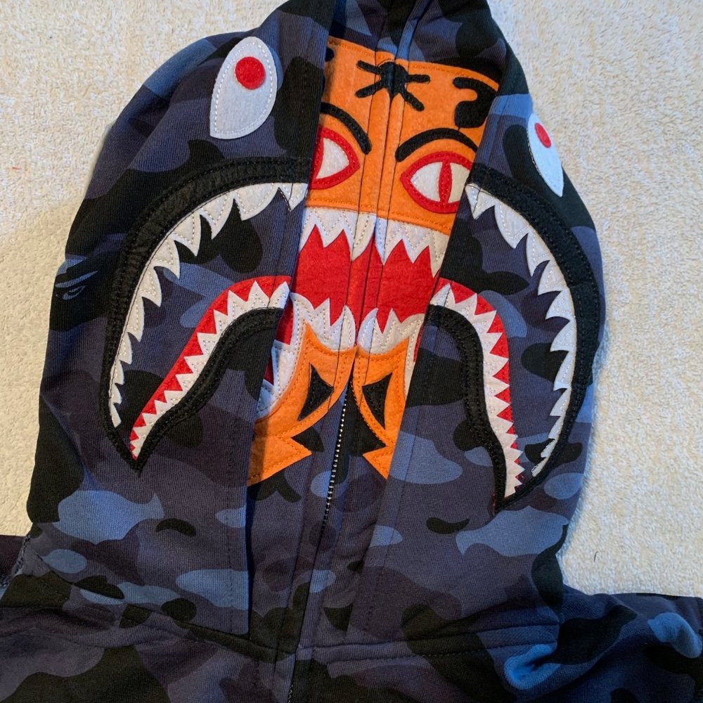 Bape BLUE Camo Tiger Shark Wide Full Zip Double Hood Hoodie LARGE Bathing Ape - Picture 4 of 16